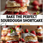 Fluffy Sourdough Strawberry Shortcakes topped with strawberry rhubarb compote and whipped cream on a rustic plate.